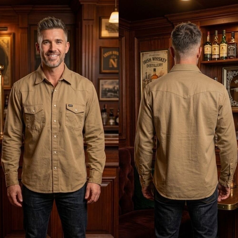 Wrangler Western Shirt Solid Tan Khaki Pearl Snap Men XL 46-48 Long Sleeve